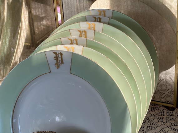 Antique Haviland French Monogrammed Dinner Plates: Green Border Gilt Embellishments (1916)