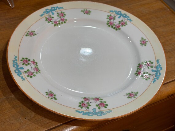 Tiffany and Company Yellow Dinner Plates: Enameled Blue Ribbons and Pink Roses