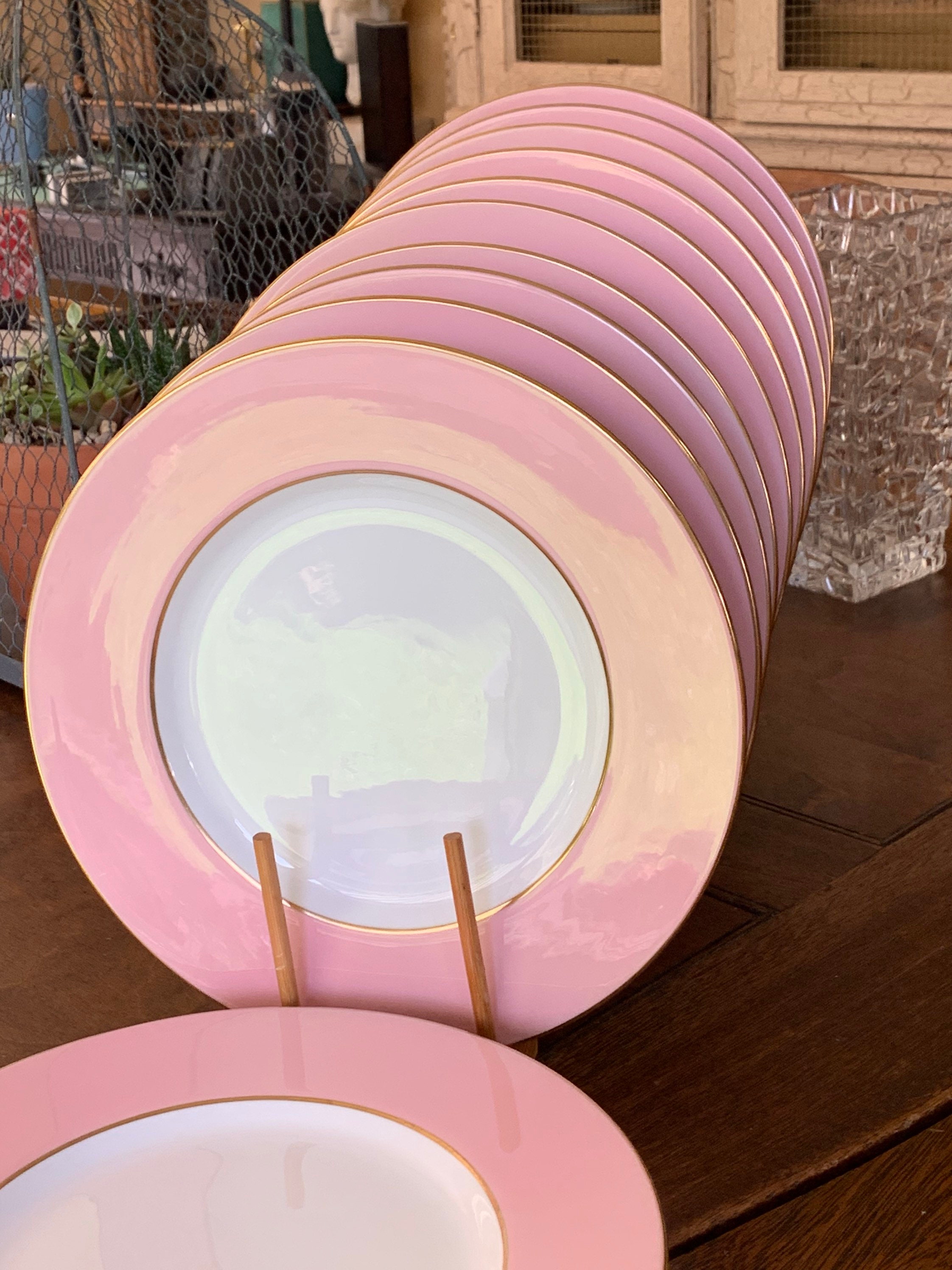 14 Vintage Pink Dinner Plates w Gilt Edge Etsy