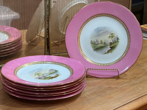 Antique Pink English Dessert Plates Scalloped Rims 7pc Circa 1800s