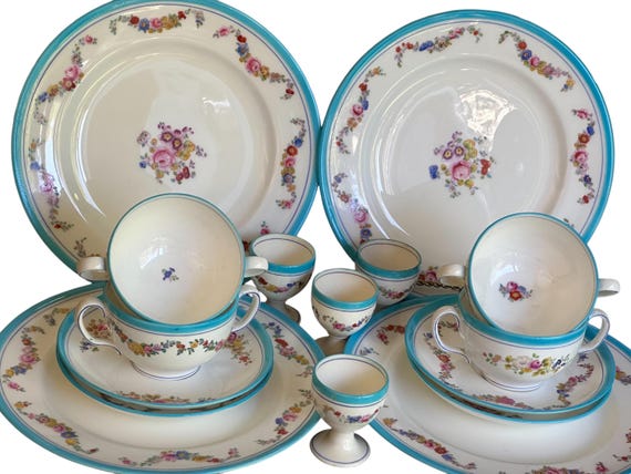 16Pc Antique Minton Breakfast Set for Four w Bold Turquoise Rim Hand Painted Floral Swags Family HeirloomWedding Gift for Bride