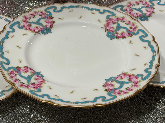 1904 Turquoise Royal Doulton Floral Dinner Plates with Pink Roses Scalloped Gilt Rims