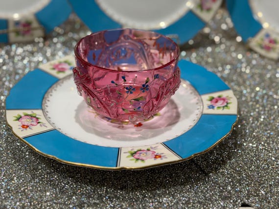 Vintage Turquoise Floral Dinner Plates: Gilded Rims (Set of 6)