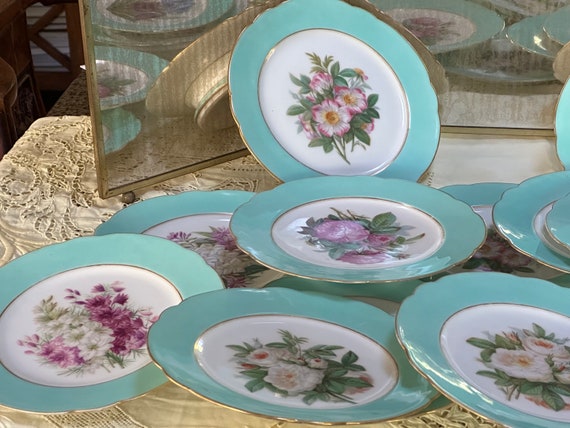 Aqua French Botanical Dessert Set:  Floral Plates  Cake Stands (1859- 1899)
