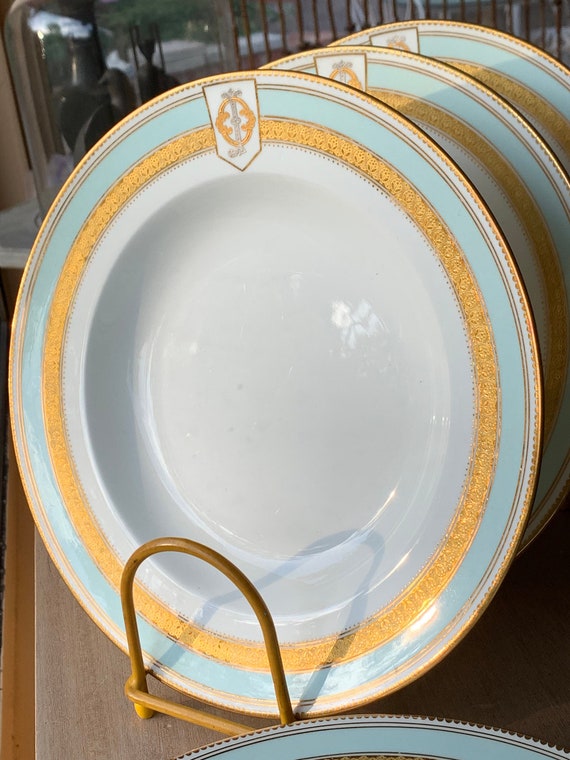 Rare Antique Aqua Soup Plates Monogrammed Embossed Gilt William Fairbairns 1863 1865 10+Inches