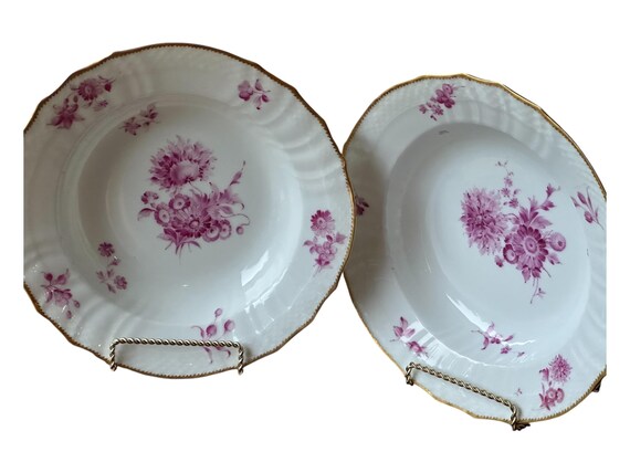 Pair Antique Royal Copenhagen Soup Plates with Hand Painted Rose Pink Florals Ruffled Border Gilded Rims  Circa 1870 1890