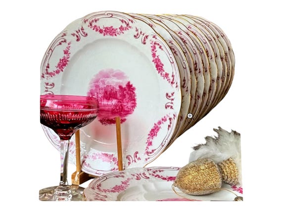 12 Antique Pink Minton Dinner Plates, Molded Border w Floral Garland, Retailer Tiffany and Co , Circa 1920s