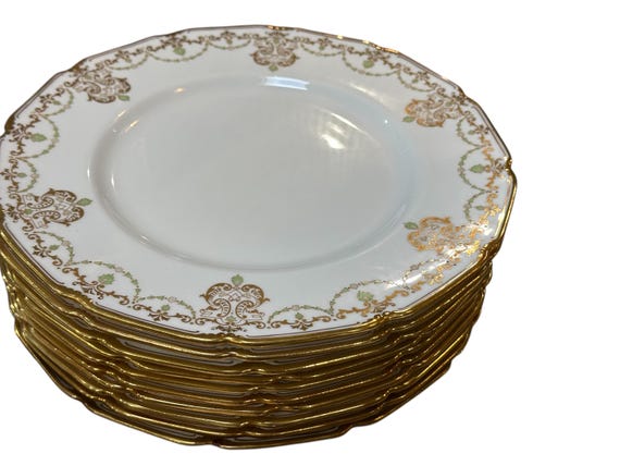 Antique Doulton Plates with Hand-Painted Green Accents and Scalloped Gilded Edges