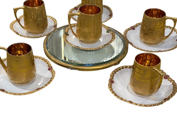 1930s Gilded Czechoslovakian Teacup Sets with 6 French Saucers,  Hand Painted