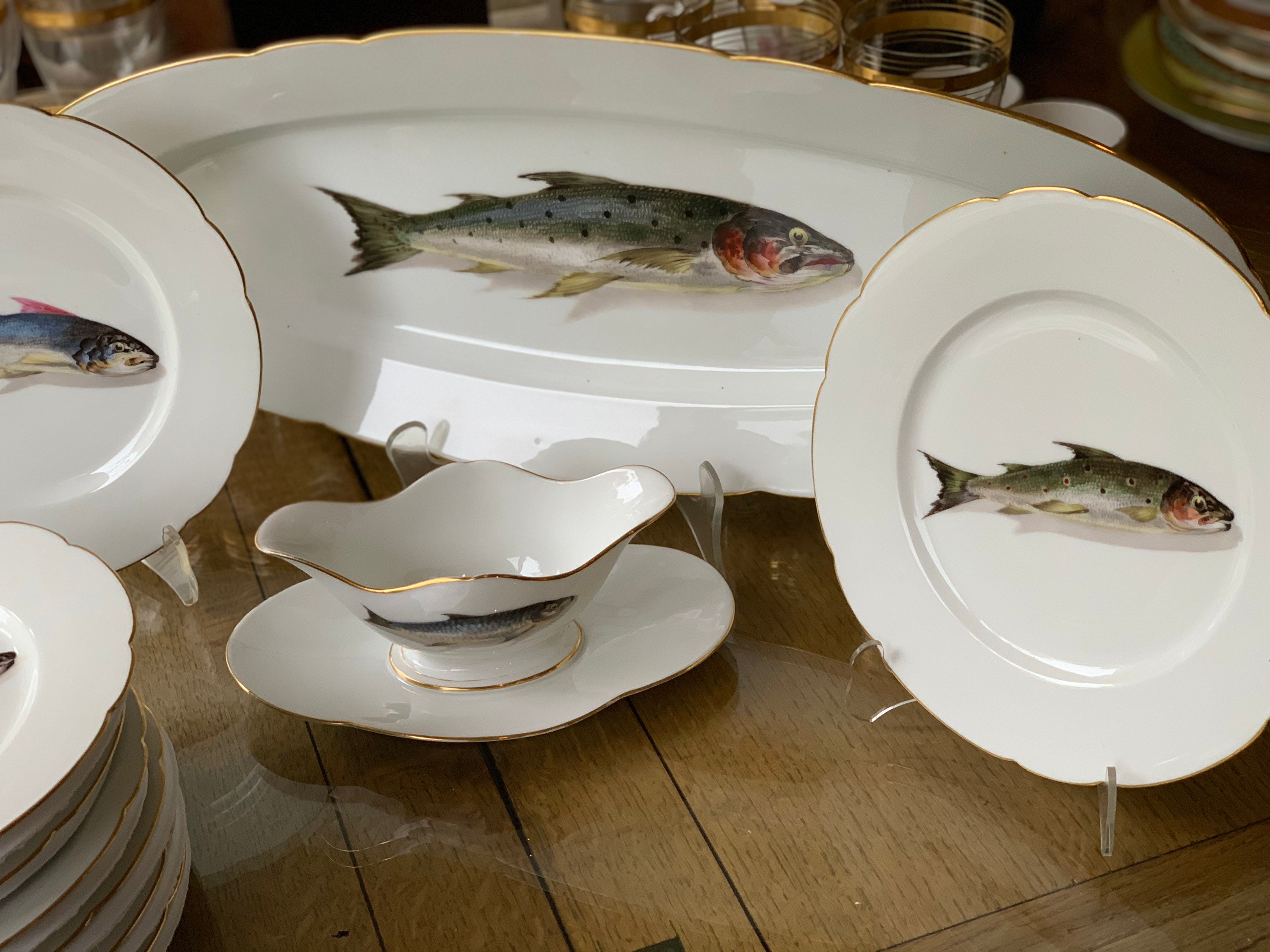 Rare 12Pc Antique French Fish Dinnerware Set w Crisp White Etsy