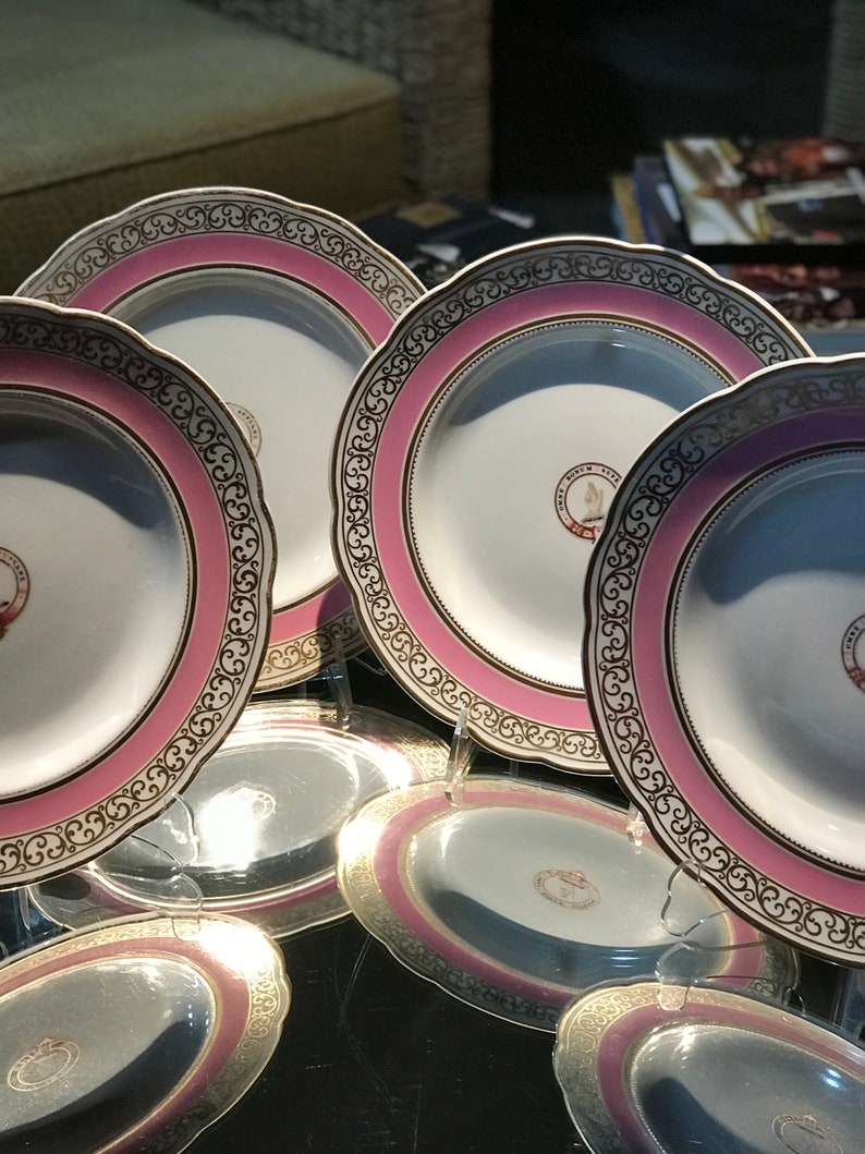 4 Rare Antique Pink Dinner Plates W Armorial Crest Etsy