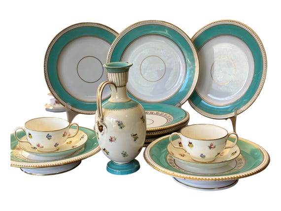 14Pc Assembled Antique English Dessert Set w Hand Painted Turquoise Border Gilded Rims