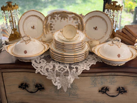 Antique Davenport China Set: Louis XVI Gold Ribbon Design (1870-1886)