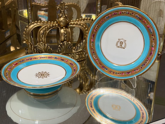 1850 Turquoise Dessert Set with Floral Designs on Gilded Ribbon Embellishments and Medallion