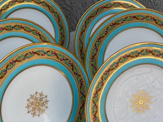 Elegant Vintage Turquoise China Set with Hand-Painted Floral Designs and Gilded Medallion  Embellishments 1850
