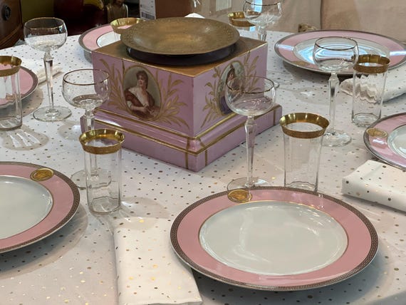 Pink Versace Dinner Plates with Medusa Greek Key Motif