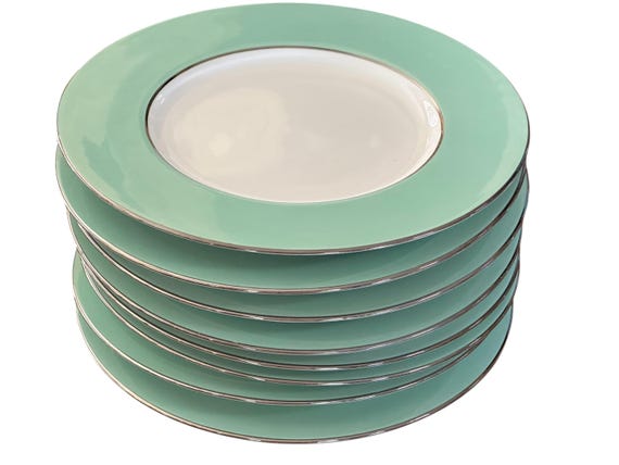 8 Antique Copeland Spode Dinner Plates w Soft Green Border, Silver Trim, Classic Wedding China, Gift,  Tatman Chicago Retailer, C1928