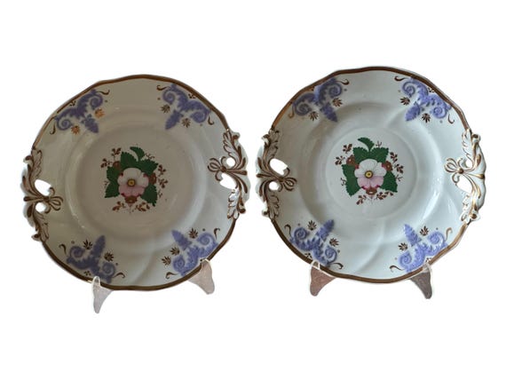 Rare Pair Antique HR Daniel Dessert Plates w Hand Painted Embossed Lavender Leaves, Pierced Gilded Rims, Wedding Gift, C1824