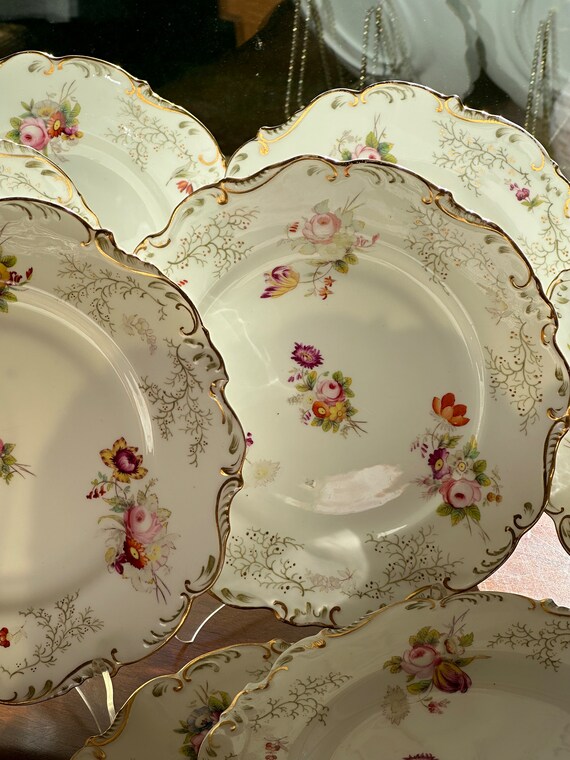 Antique Coalport 10-Piece Dessert Set: Hand-Painted Floral Nosegays with Gilded Scalloped Rims
