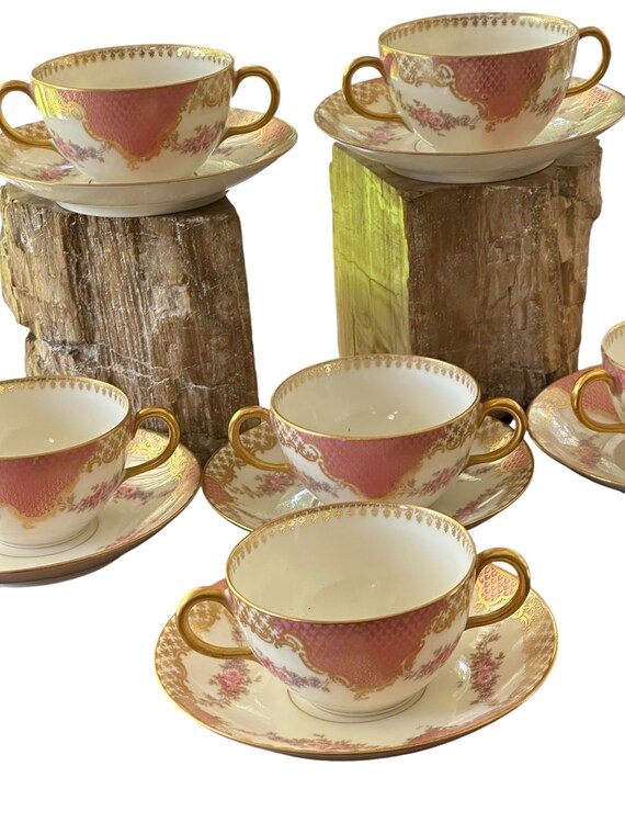 6 Rare Antique Pink Limoges Cream Soup Bowls Matching Saucers Pink Rose Swags GildIng Family Heirloom Wedding Gift for BrideCirca 1920s