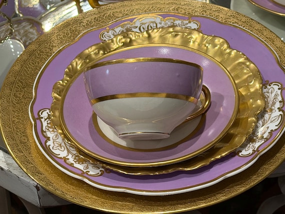 1833 Copeland Spode Felspar Lavender Dessert Plates Gilded Floral Panels  Collectible