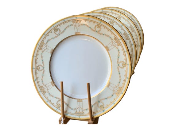 4 Rare Antique Minton Dinner Plates w Embossed, Gilded Grid Border and  Green Jeweling, Circa 1920s