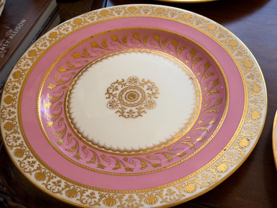 1904 Pink Cauldon Dinner Plates Embossed Gilded Design Formal Dining Set of 10
