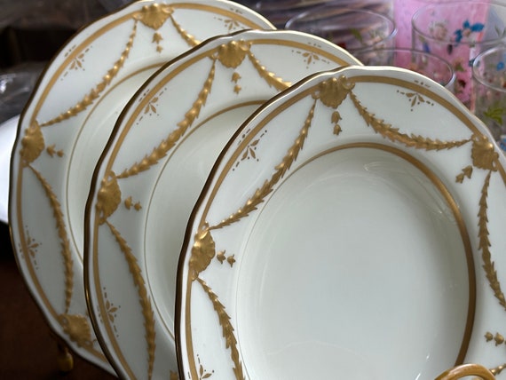 6 Antique Minton Soup Plates, Creamy White Border w Embossed Neoclassic Gilt Embellishments, Scalloped Rims, Holiday Table, Circa 1910s