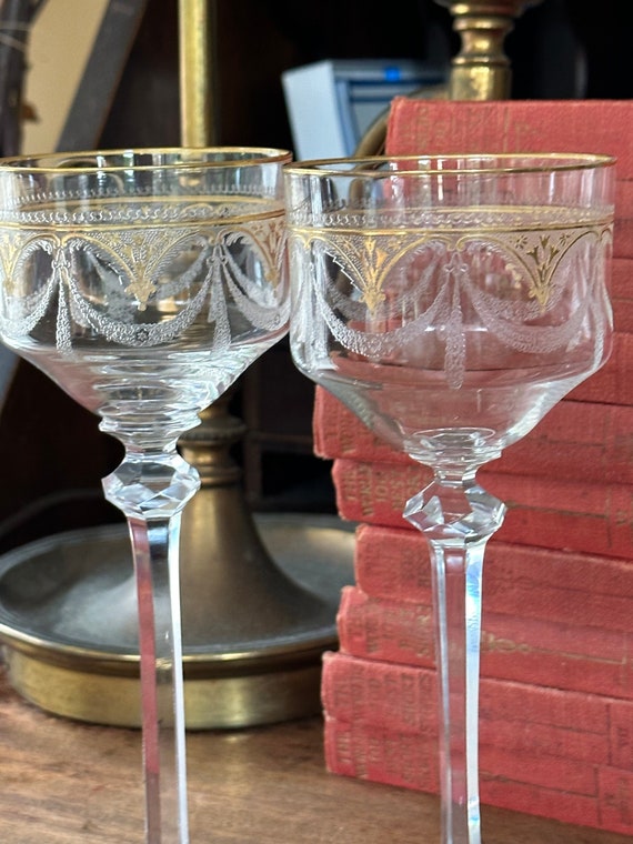 Antique French Glassware, Pr St Louis Tall Wine Glasses w Plain Engraved  Design and Gilt Embellishments, 7 Plus Inches Tall