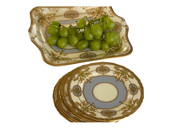 7Pc Antique Blue Royal Worcester Dessert Plates and Serving Dish, Green Jeweling, Scalloped Rims, Gift for Her, Pastry Chef, Circa 1926