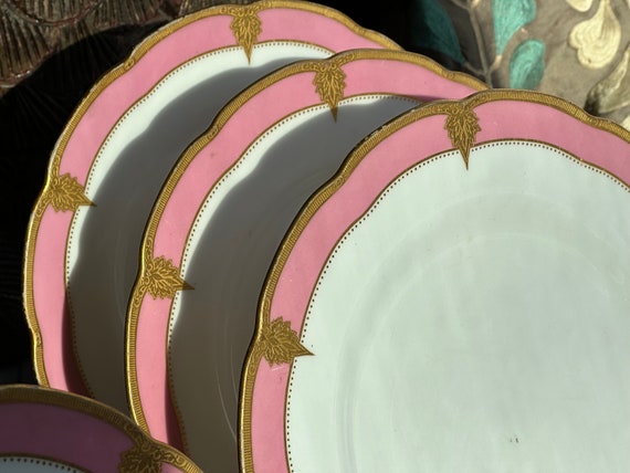1909 Pink Royal Worcester Dinner Plates: Encrusted Gilded Rims