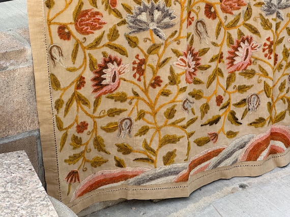 Antique Crewel Embroidered Linen Wall Hanging: 19th Century Heirloom Wool Needlewark Art