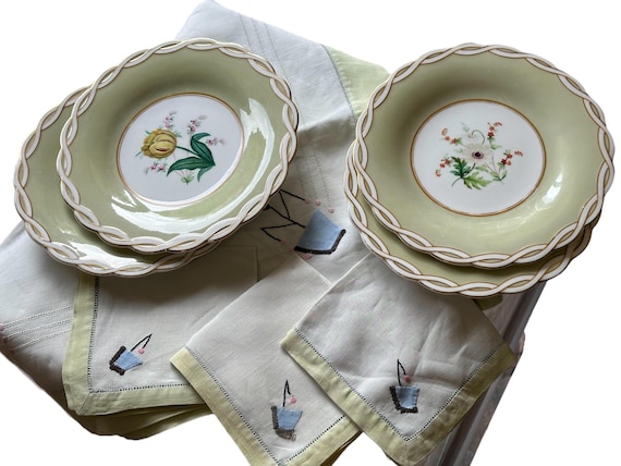 4 Antique Minton Botanical Dessert Plates, Soft Yellow Green Border, Gilded Basketweave Rims,  Summer Vibe, Gift for Her, Circa 1845