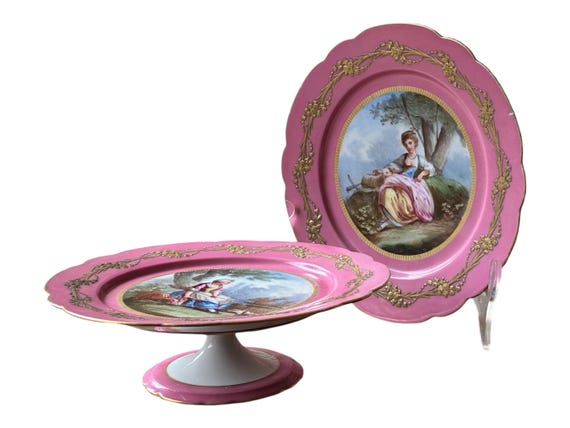 Antique French Sevres Dessert Compotes Hand Painted Portraits Pink Border Gilded Scalloped Rims