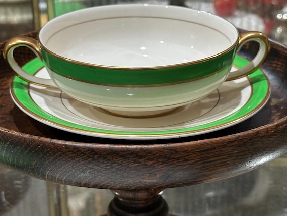 Vintage Ambassador Ware Cream Soup Bowls with Saucers: Green & Gold (Set of 8)