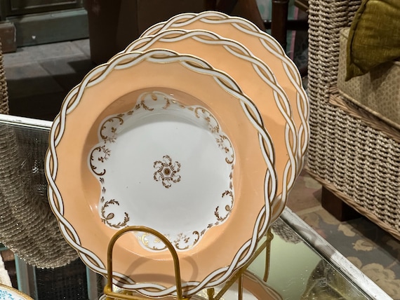 Antique Minton Soup Plates: Peach Scalloped Basketweave Rims, Gilded Embellishments, 19th Century