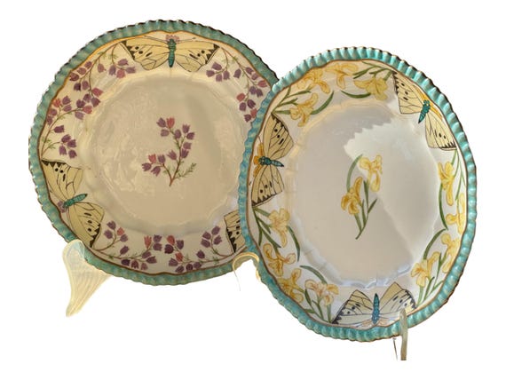 Pair Rare Antique Aynsley Dessert Plates w Yellow Butterflies and Flowers, Embossed Aqua Rims, Cabinet Display, Spring Vibe, Circa 1891 1932