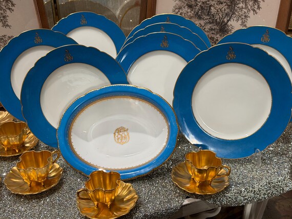 1855 Blue French China Set: Monogrammed Dessert Plates Serving Dish