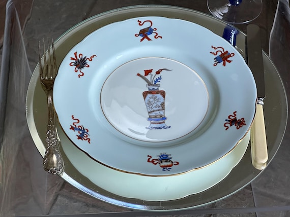 Antique Blue Minton Dinner Plates: Chinoiserie Decor Gold Scalloped Rims