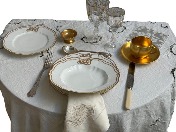 23Pc Antique French Monogrammed Wedding China Set White Ground  Scalloped Rims w Gilding Family Heirloom Wedding Gift for Bride C1891 1919