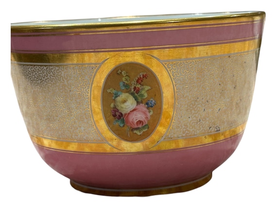 19th Century Antique English Porcelain Cachepot: Pink Pompadour Border Hand Painted Floral Medallions and Gilded Filigree
