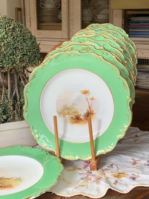 Antique English Dessert Plates: Spring Green Border Landscape Scenes, Circa 19th Century