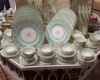 Mint Green Royal Worcester Dinnerware Set With Gold and White