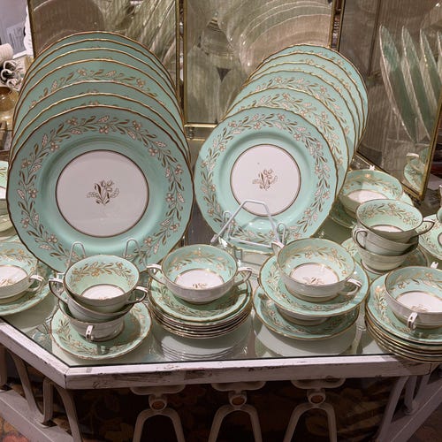 Mint Green Royal Worcester Dinnerware Set With Gold and White