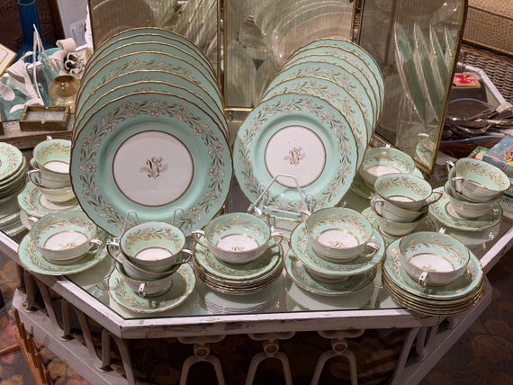 Mint Green Royal Worcester Dinnerware Set with Gold And White Florals