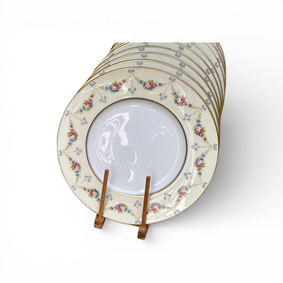 Antique Yellow Minton Dinner Plates Hand-Painted Roses Set of 17