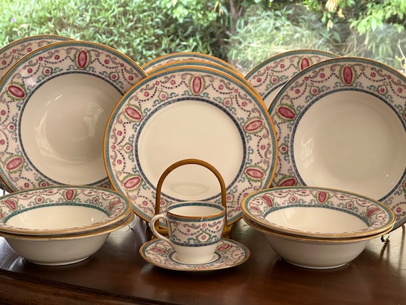 1915 Royal Doulton Neoclassic Periwinkle Blue Antique Dinnerware Set Pink Medallions