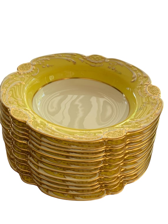 Rare Antique Minton Soup Plates; Yellow Embossed Neoclassic Glt Scalloped Rim- Heirloom Wedding Gilt