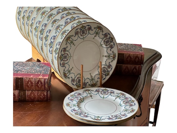 12 Antique Neoclassic Minton Dessert Plates w Turquoise Garlands, Blue Scrolls, Pink Roses, Yellow Urns Circa 1891 1932