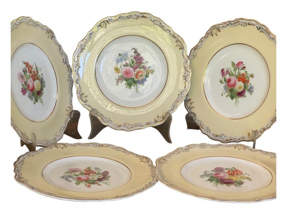 5 Antique Spode Felspar Dessert Plates w Soft Pale Yellow Border HandPainted Botanical Center  Family Heirloom Wedding Gift for Bride C1820